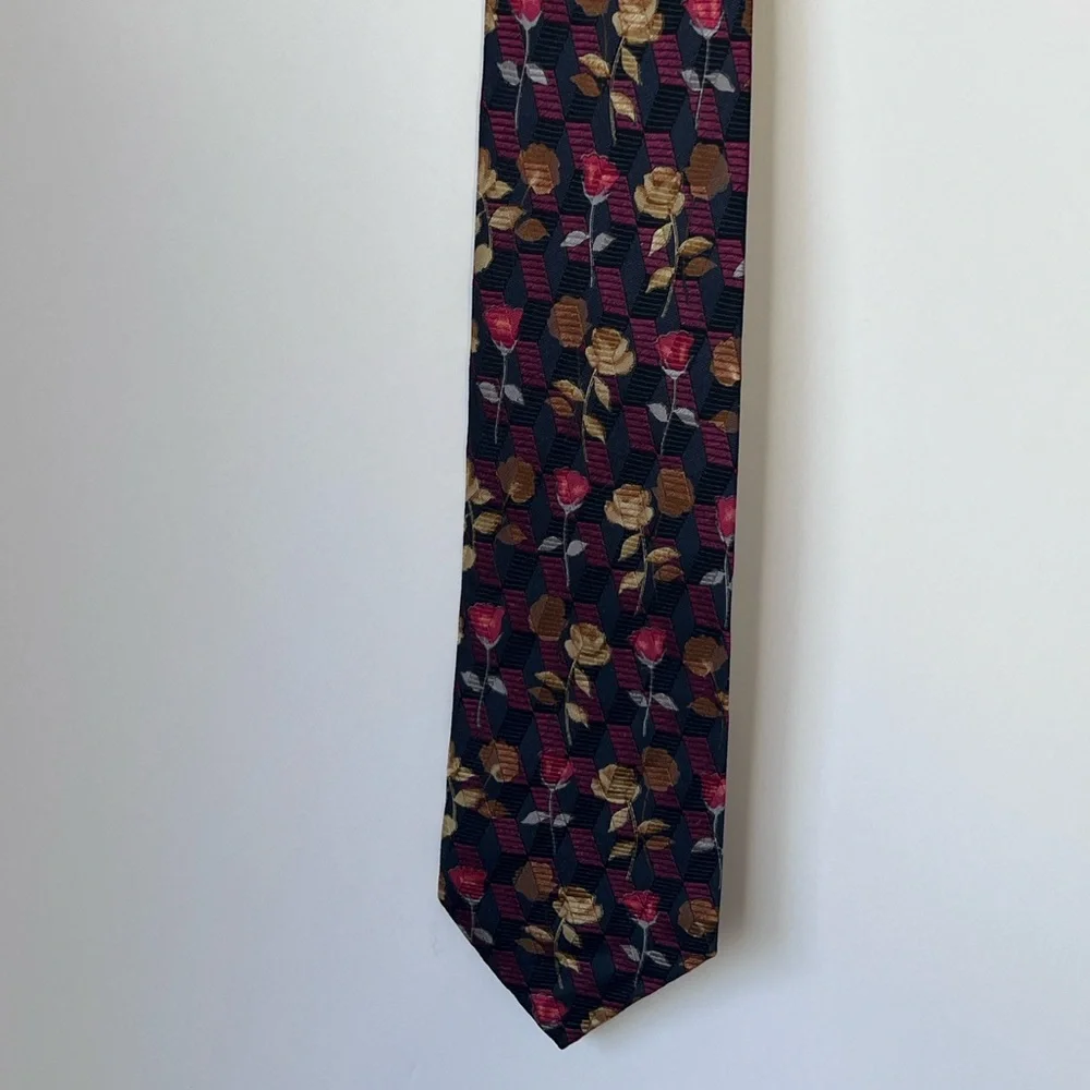 Silk - Floral Geometric Silk Tie - Black, Red, Gold , Italy